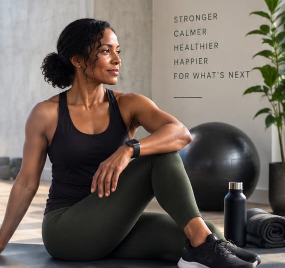 A woman sitting on a mat in a training studio after a session, one arm resting on her knee, with a stability ball, a water bottle and a rolled towel behind her.