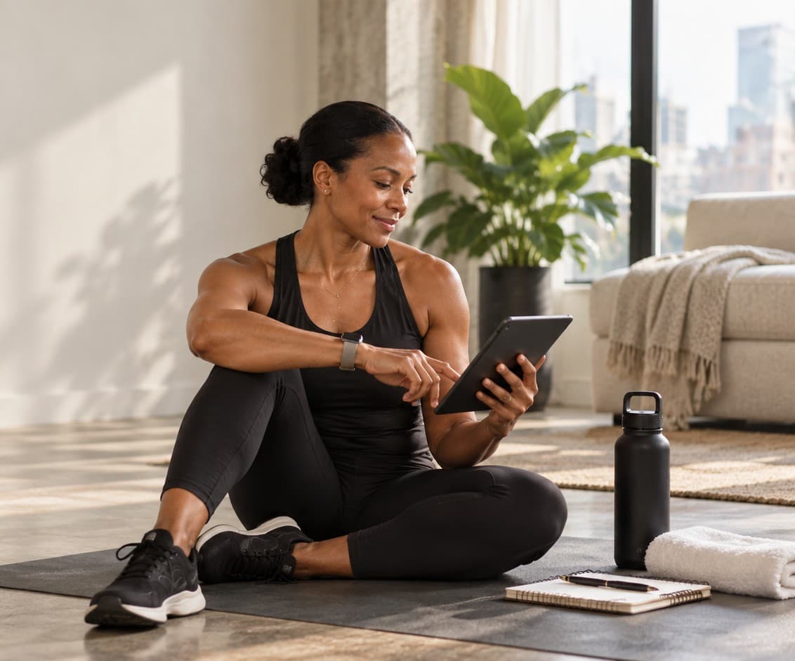 A woman sitting cross-legged on a mat at home, tapping through her program on a tablet, with a notebook, a water bottle and a folded towel beside her.