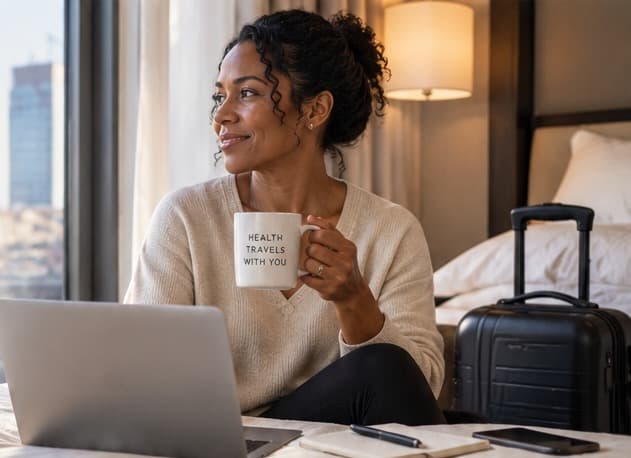 A woman working at a hotel room desk with an open laptop, holding a mug that reads Health Travels With You, a packed suitcase standing beside the bed.