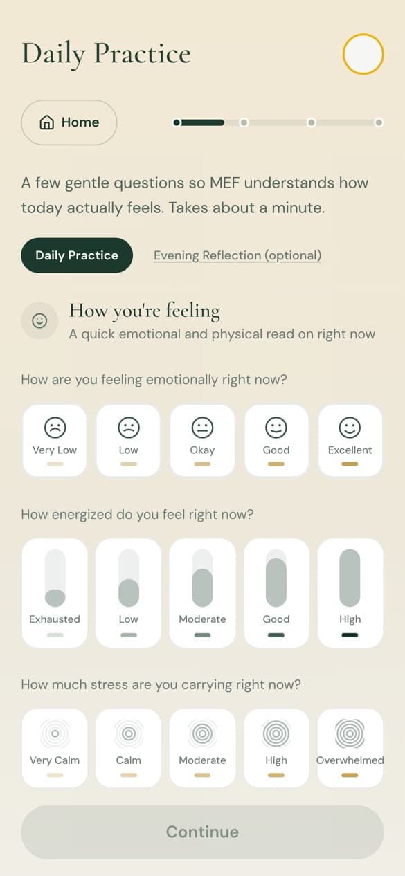 The MEF app: Daily Practice, asking how you are feeling, how energized, and how much stress you are carrying.