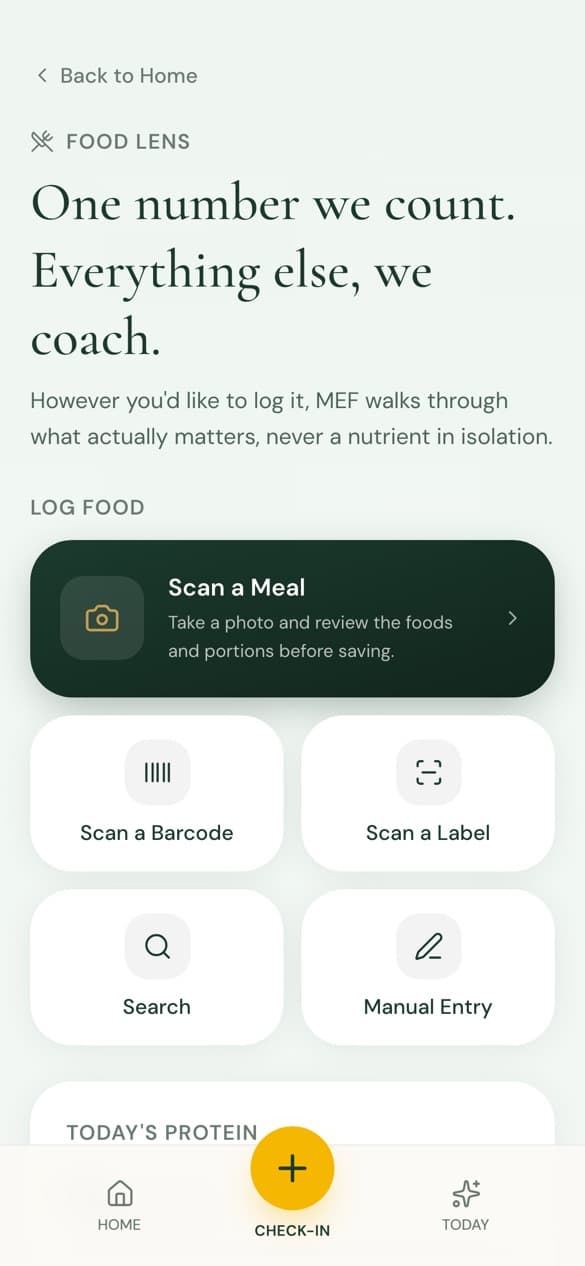 The MEF app: Food Lens, with options to scan a meal, a barcode, or a label.