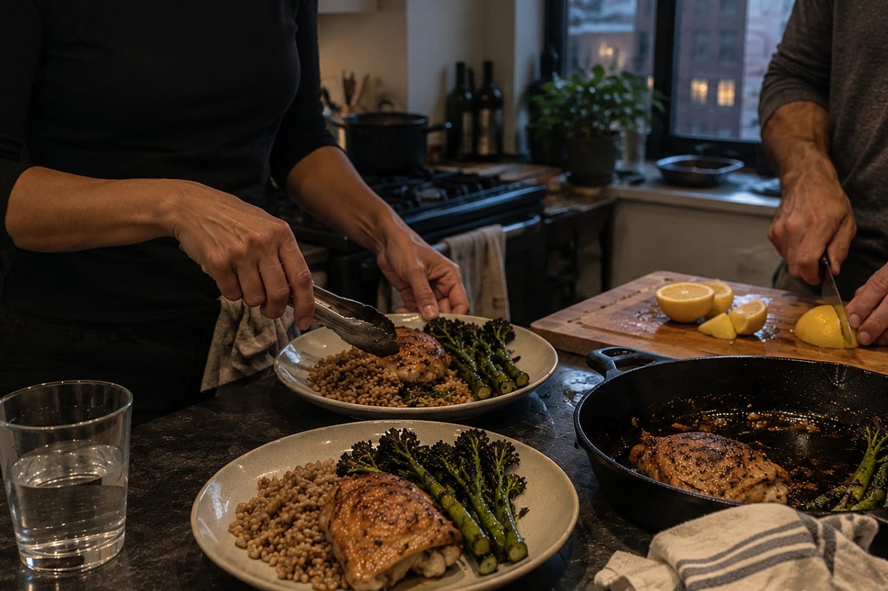 Two people making dinner at a kitchen counter: one plates chicken, broccolini and grains while the other slices a lemon.