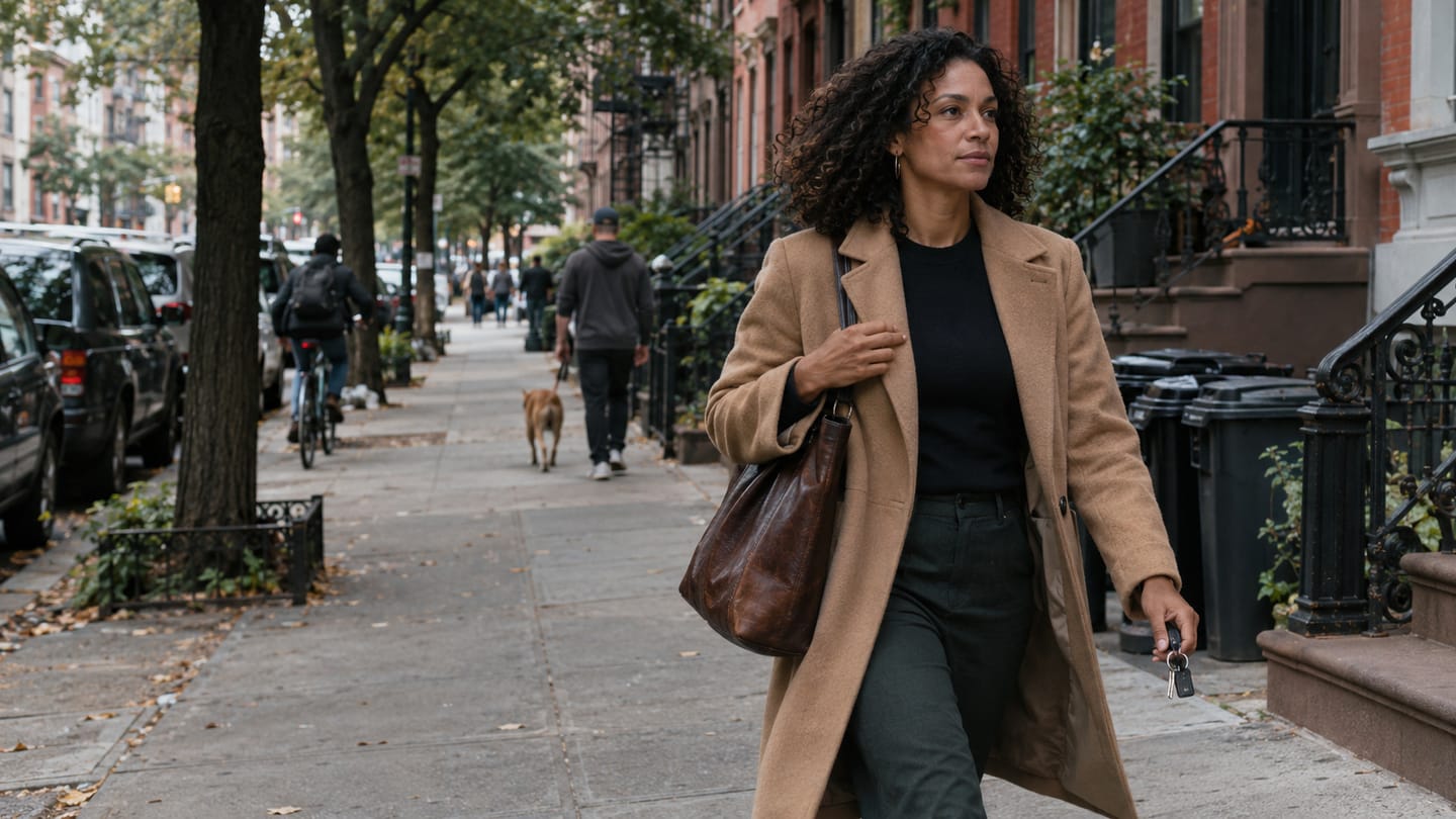 A woman in a camel coat walking down a tree-lined Brooklyn brownstone street.